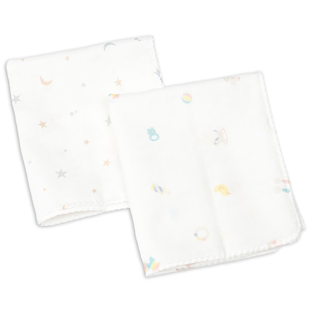 棉紗沐浴巾2條組-玩具&星月-米白色 (28×65cm)