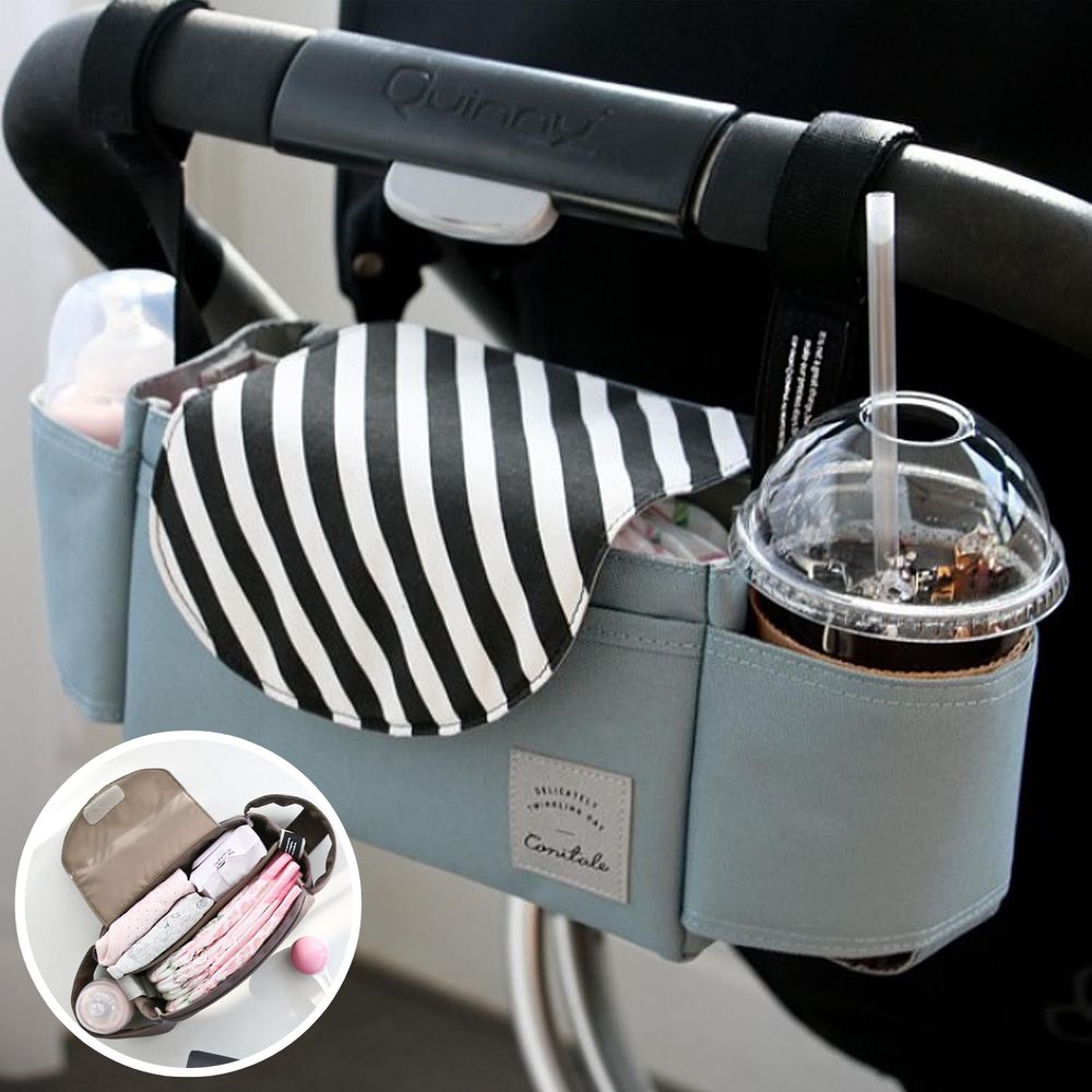 雙邊杯套掀蓋式推車置物袋-條紋藍 (35X12X12cm)