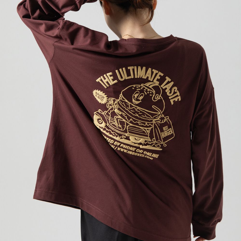 俏皮美式漢堡泡棉印花長袖T恤-咖啡棕