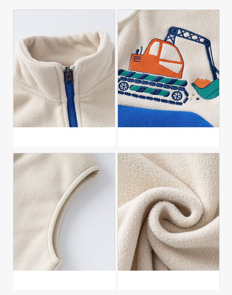 搖粒絨保暖兒童背心-工程車-杏+深灰