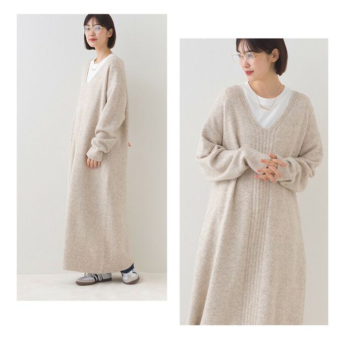 日本 OMNES - V領柔軟針織寬鬆感長袖洋裝-淺卡其