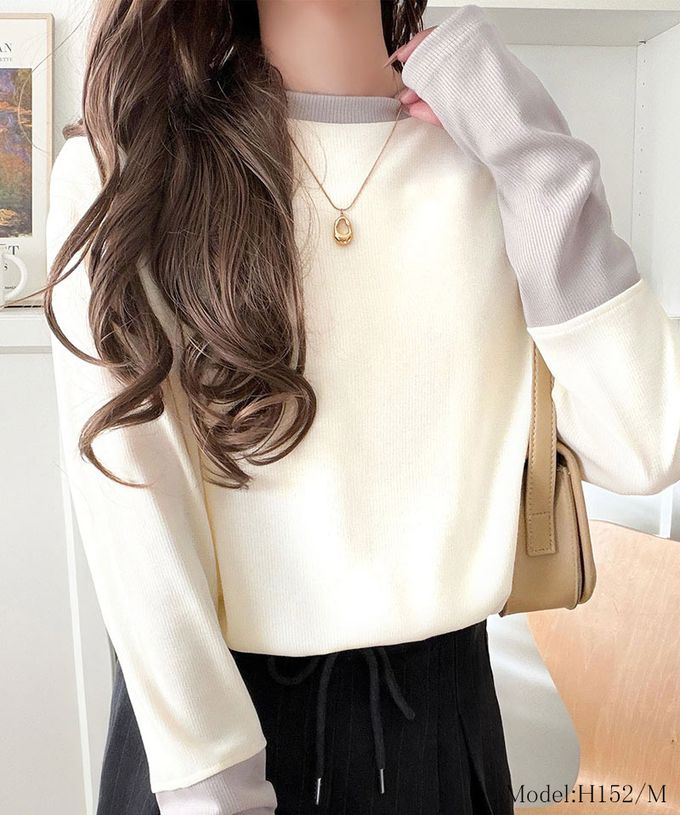 日本 Classical Elf - 時尚配色袖羅紋長袖上衣(指孔設計)-咖啡x水藍