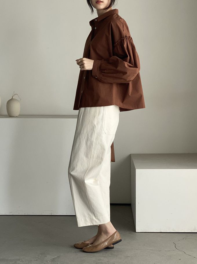 韓國女裝連線 - 極簡拼接翻領長袖襯衫-咖啡紅 (FREE)