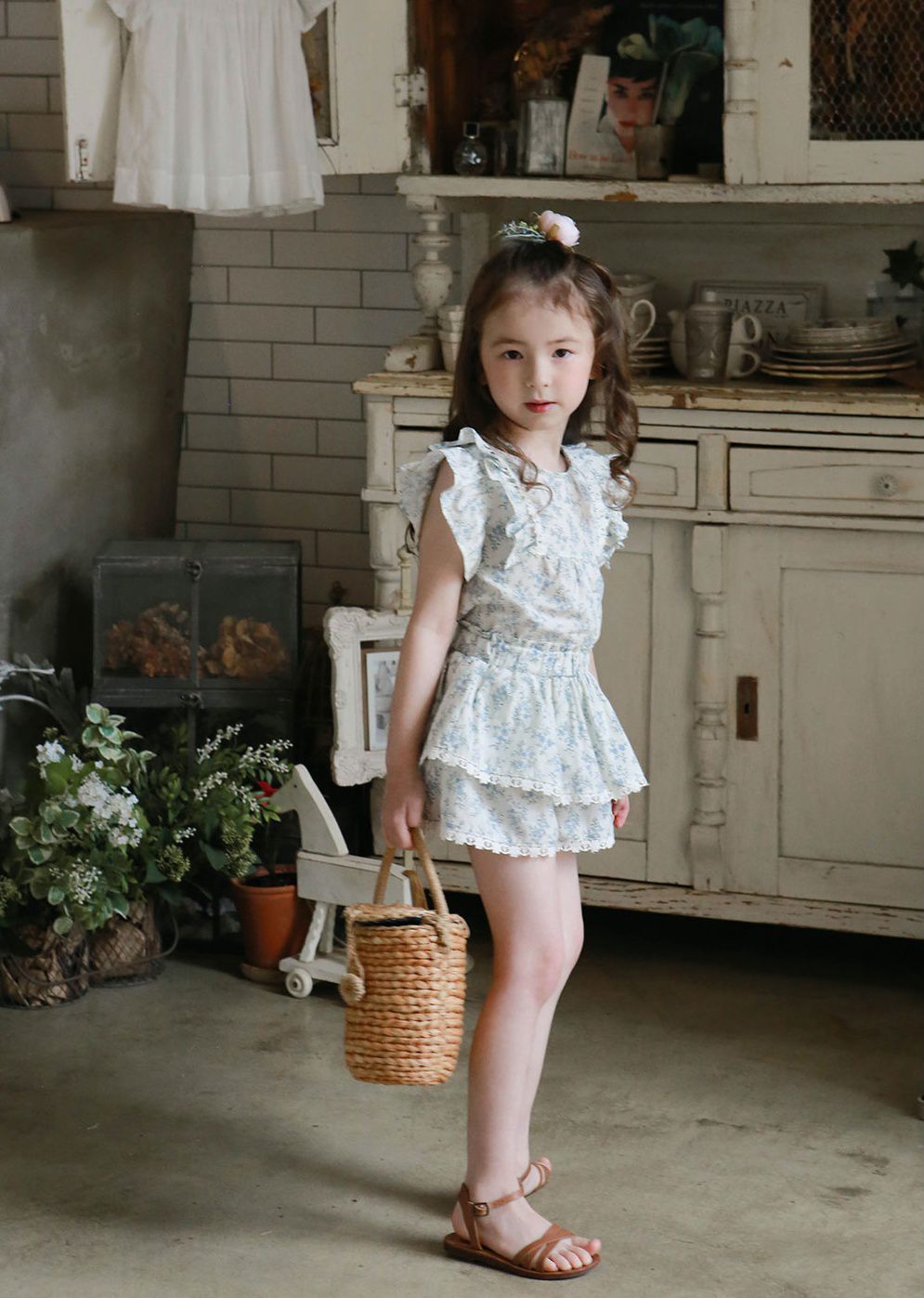 韓國 PuellaFLO - 雙層荷葉袖碎花上衣-藍花