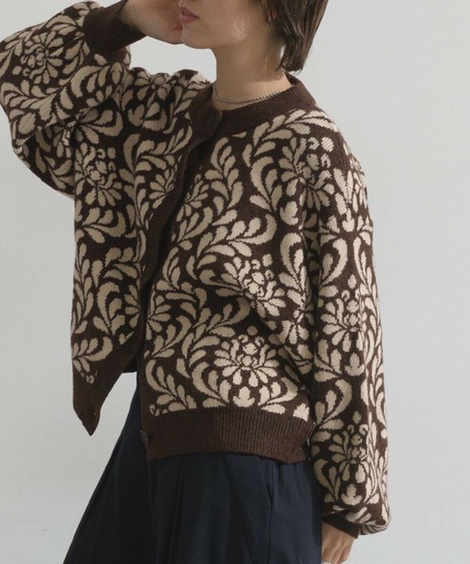 日本 Lupilien - 盛開花卉針織寬袖開襟衫/外套-炭灰