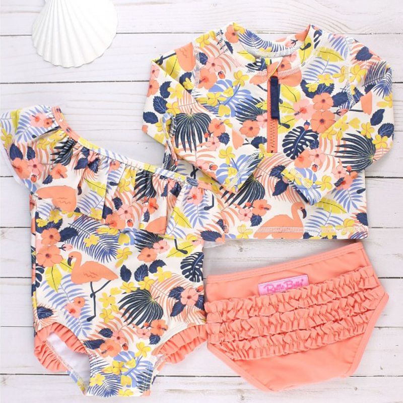 美國 RuffleButts - 小女童UPF 50+防曬兩件式長袖泳裝-熱帶夏威夷