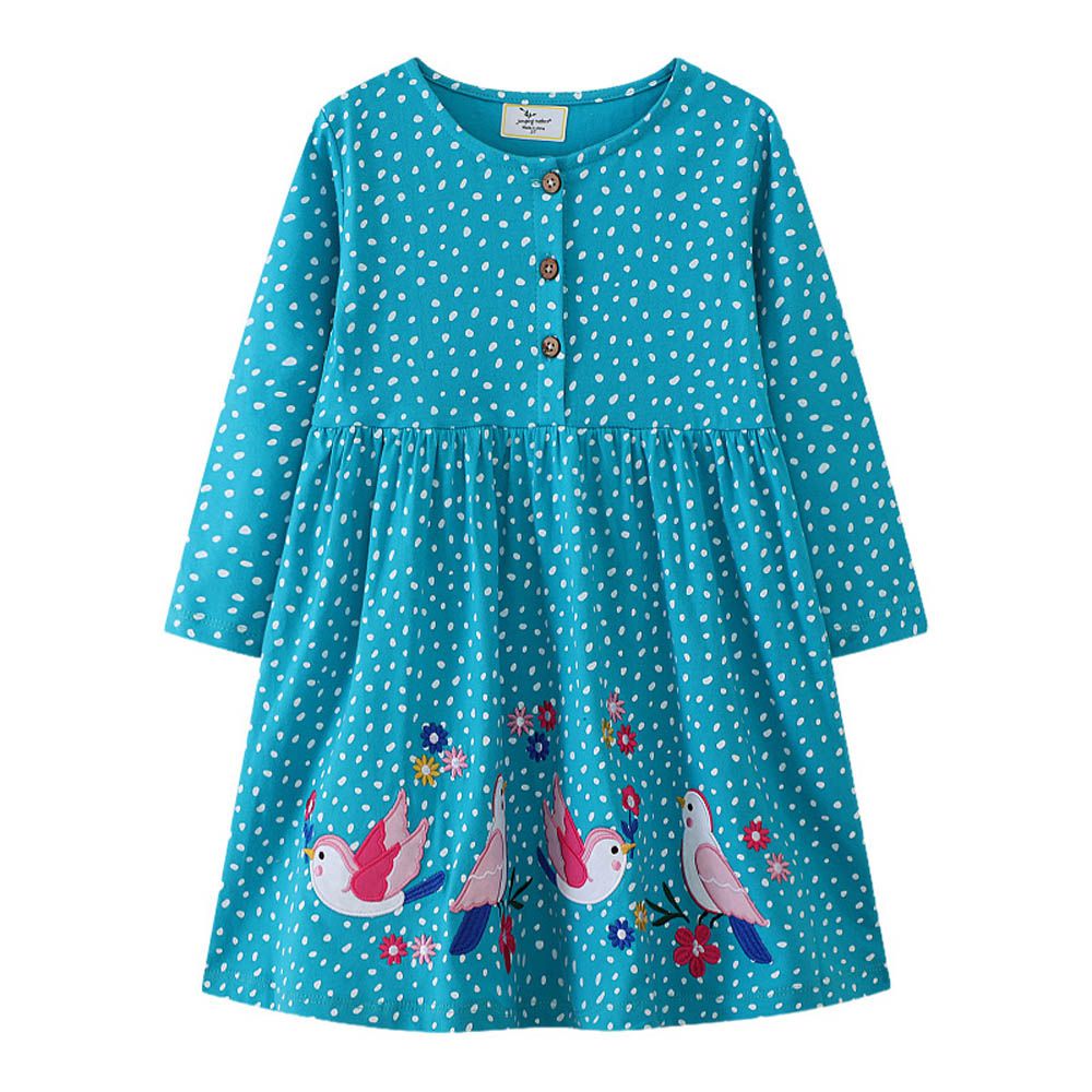 棉質圓領長袖連身洋裝-鳥語花香-藍綠印花