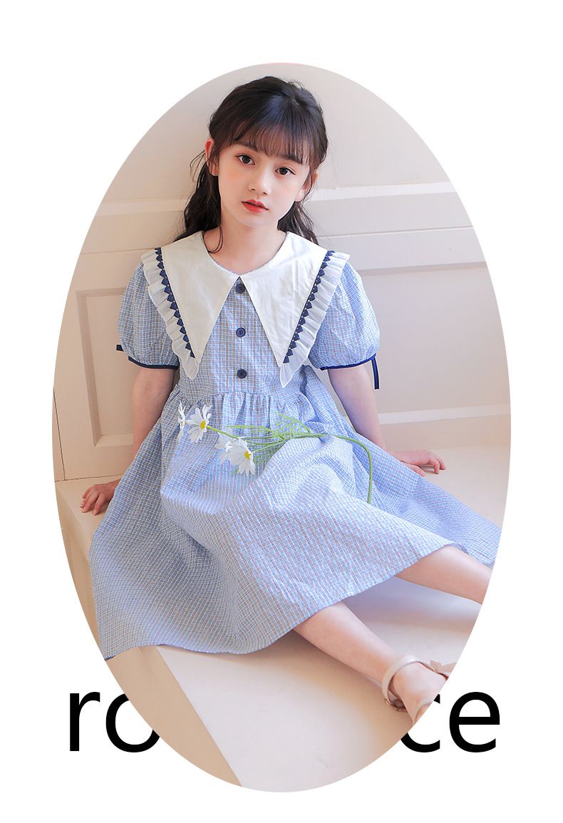 荷葉邊娃娃領泡泡袖洋裝-格紋款-淺紫色