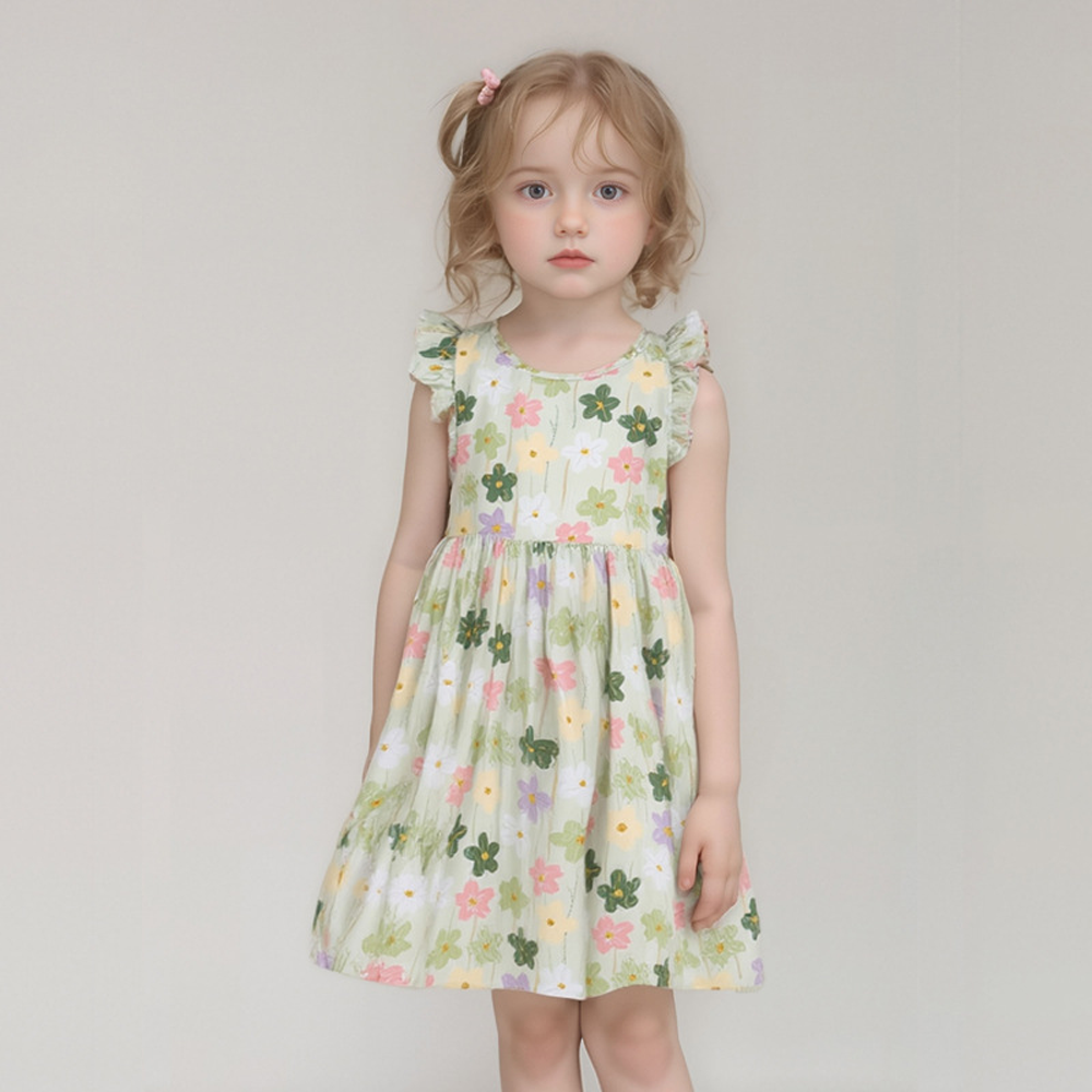 甜心小飛袖印花洋裝-綠底彩花