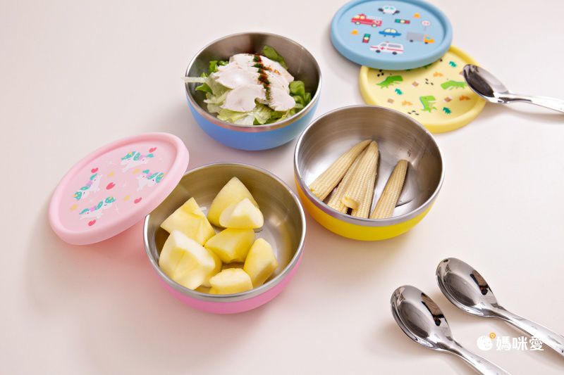 KOM - 台灣製316不鏽鋼兒童隔熱碗(附匙)-恐龍-黃-矽膠上蓋