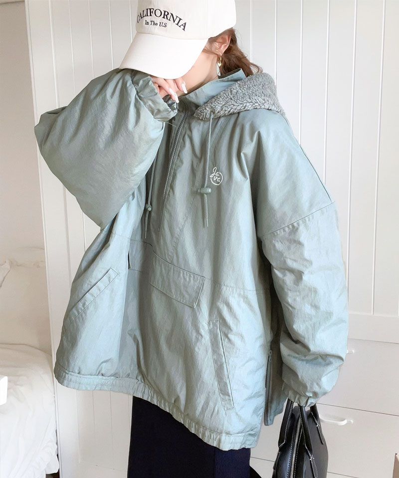 日本 Classical Elf - 刺繡防風前口袋鋪棉長袖上衣-摩卡