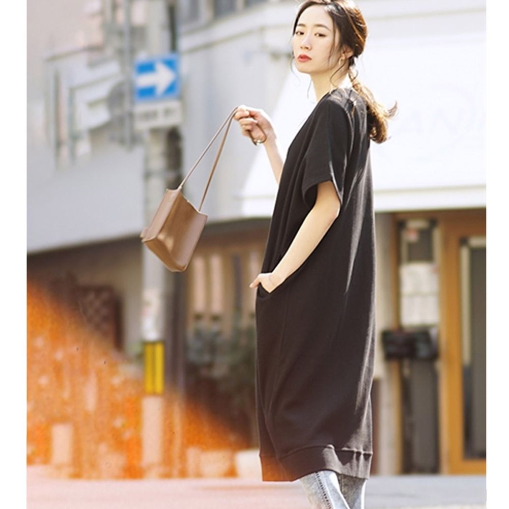 日本 zootie - 純棉 顯瘦鬆餅紋五分袖洋裝-黑