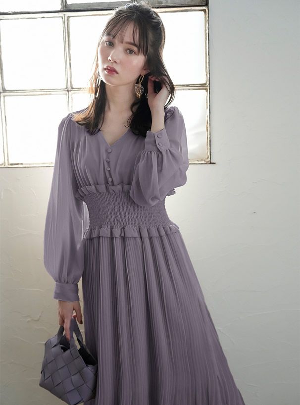 日本 GRL - 氣質V領縮腰修身洋裝-薰衣草