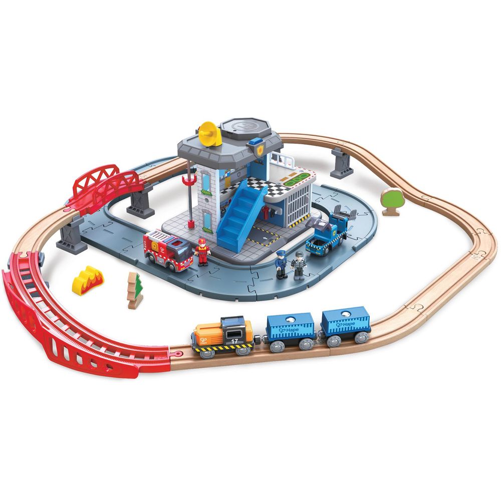 德國 Hape - 緊急服務總部木製列車玩具(55件組)