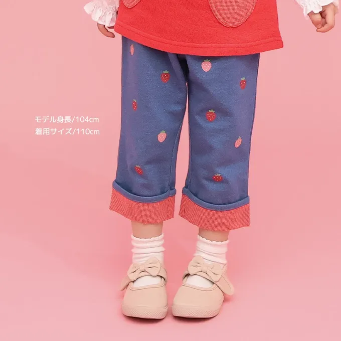 日本 ZOOLAND - 水果樂園 滿版印花摺邊七分褲-草莓-中藍