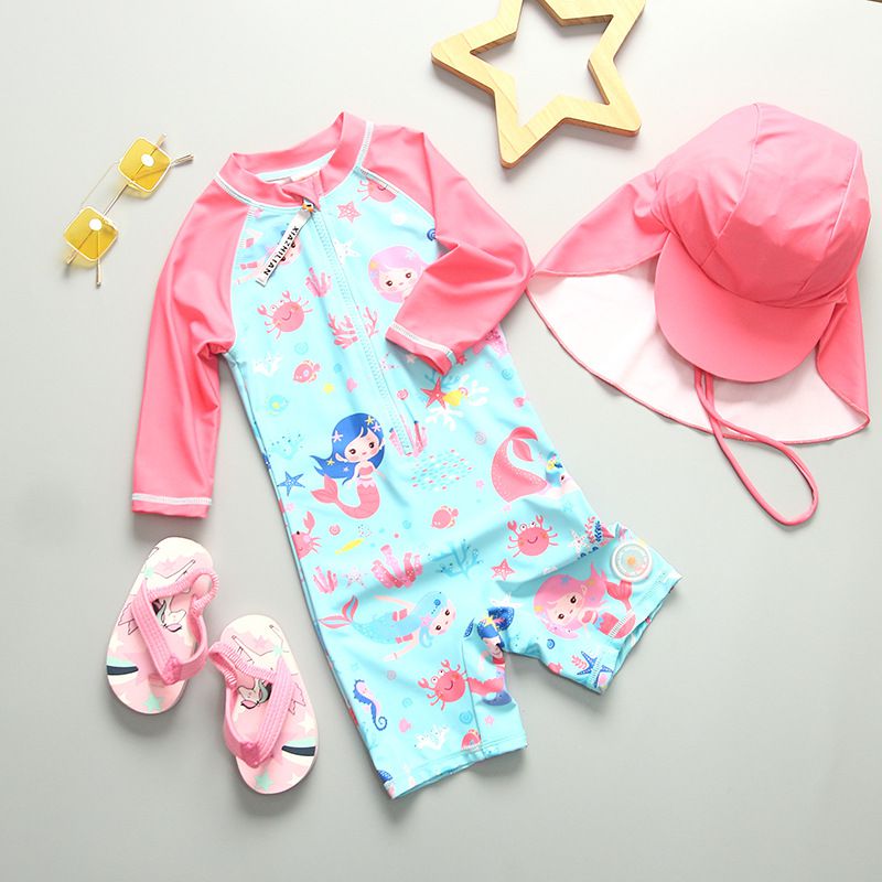 女寶防曬長袖連身泳裝套裝(附帽子)-美人魚-粉色