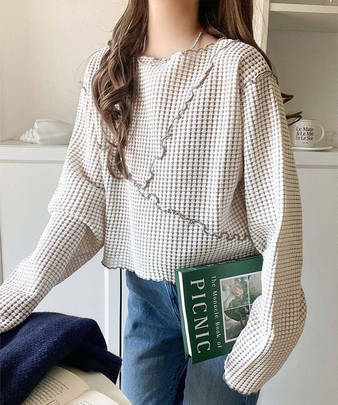 日本 Classical Elf - 2way華夫格木耳捲邊浪漫長袖上衣-白