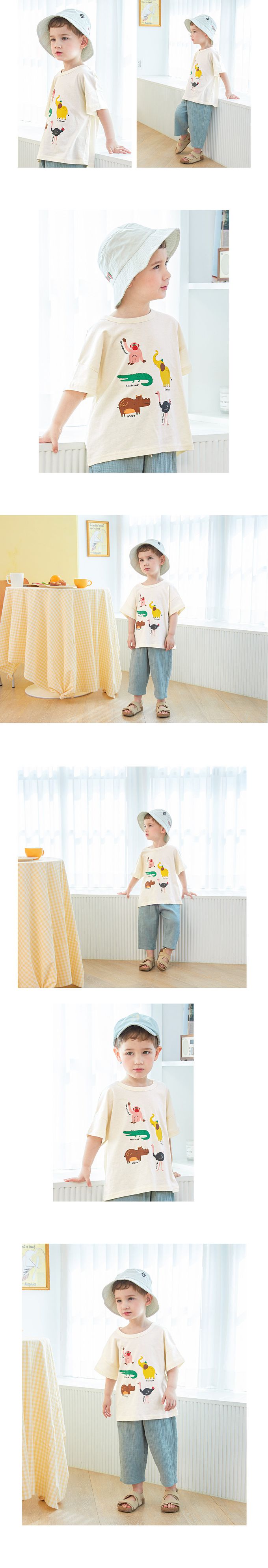 韓國 WALTON kids - 童趣非洲動物印短袖上衣-奶油米