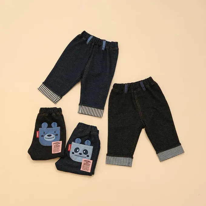 日本 ZOOLAND - 可愛熊口袋條紋反摺七分褲-小熊-黑