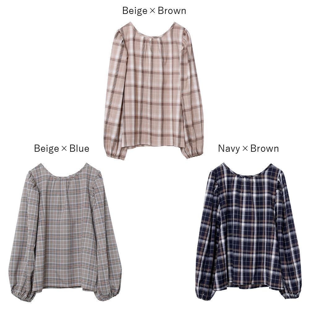 日本 Rejoule - 復古格紋綁帶澎澎袖上衣-深藍X咖格紋 (M(Free size))