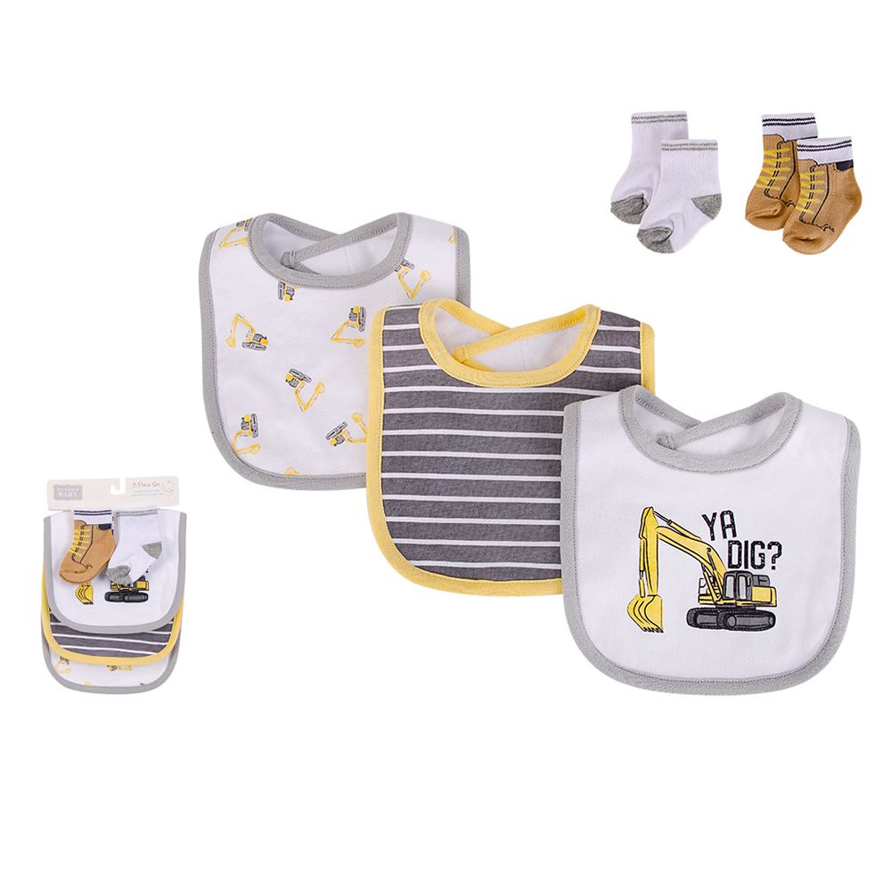 美國 Luvable Friends - 甜蜜寶貝嬰幼兒雙層吸水口水巾圍兜與短襪組-黃色挖土機