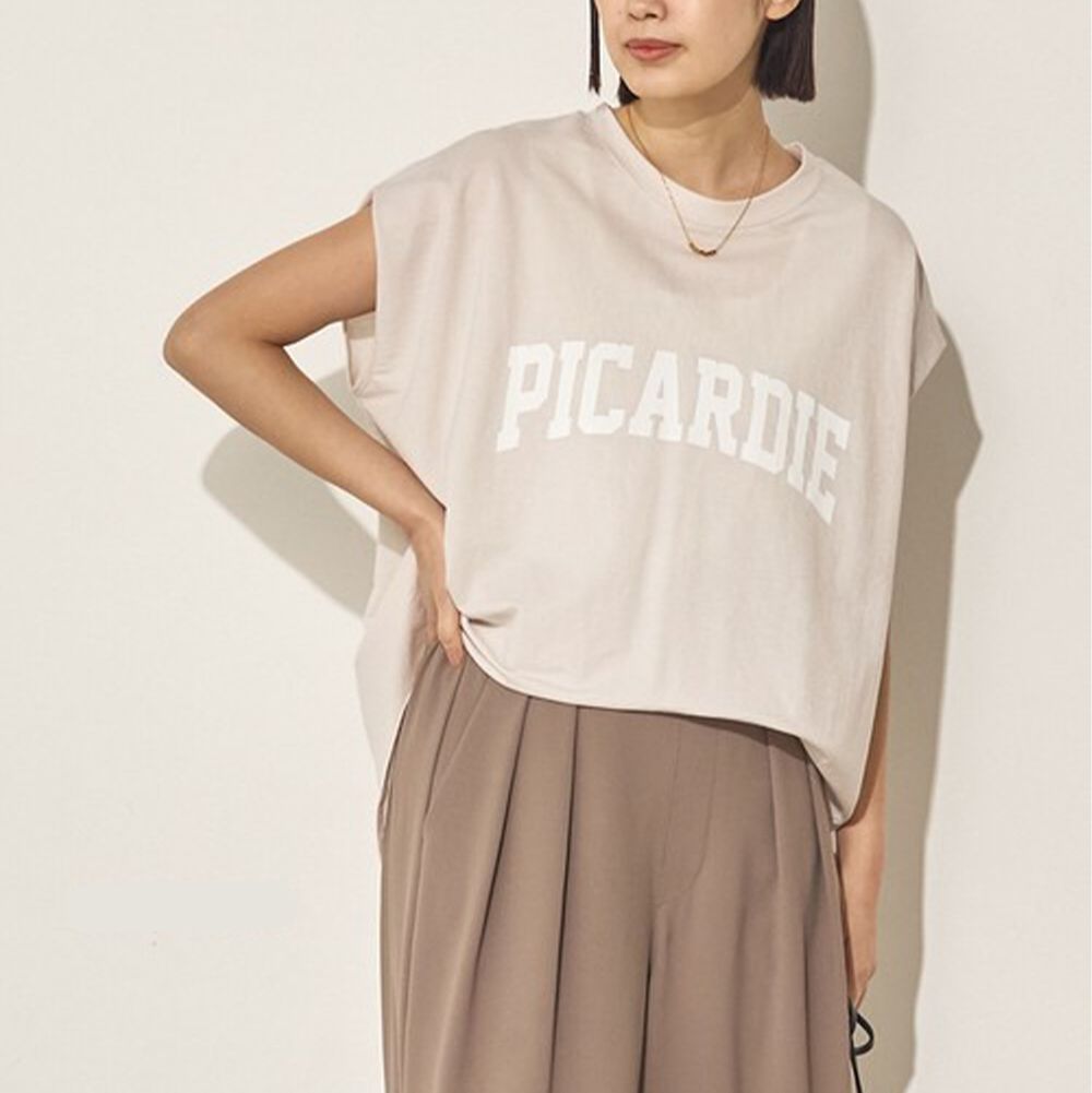 接觸涼感 簡約標語法式袖上衣-奶油杏