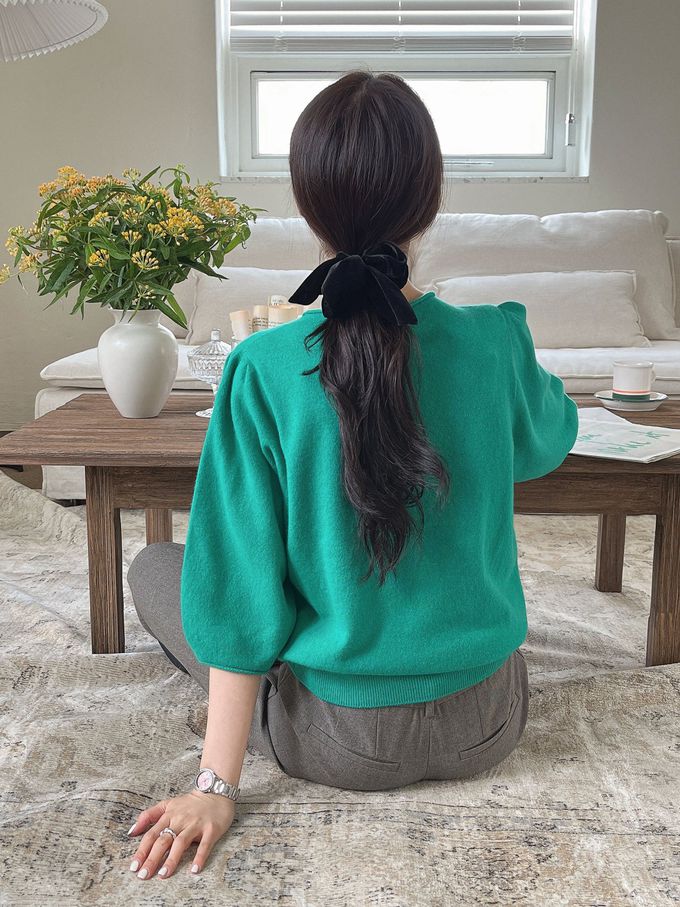 韓國女裝連線 - 不刺膚！喀什米爾羊毛七分袖針織上衣-燕麥 (FREE)