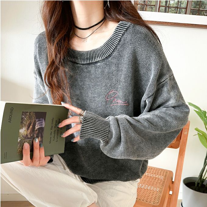 日本 Classical Elf - 厚磅棉復古刷色感logo長袖上衣-米灰