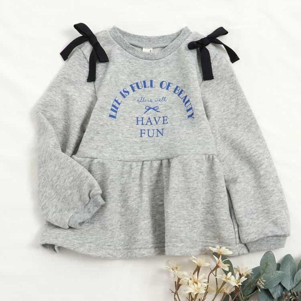 雙肩浪漫蝴蝶結裏毛長袖上衣-英文字-淺灰