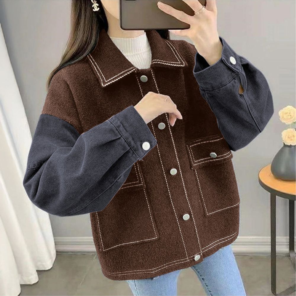 異素材帥氣縫線牛仔風挺版外套-咖啡 (F)