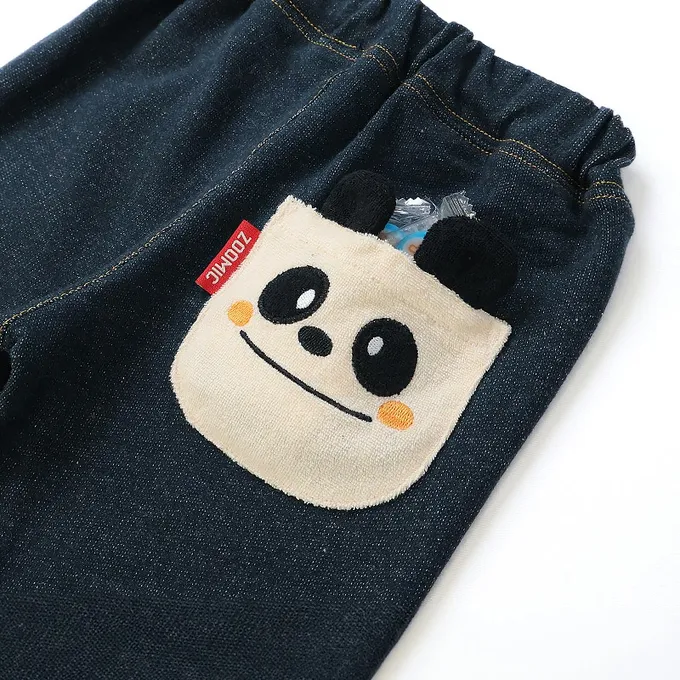 日本 ZOOLAND - 熊熊救援隊 警車標籤舒適牛仔長褲-熊貓口袋-海軍藍
