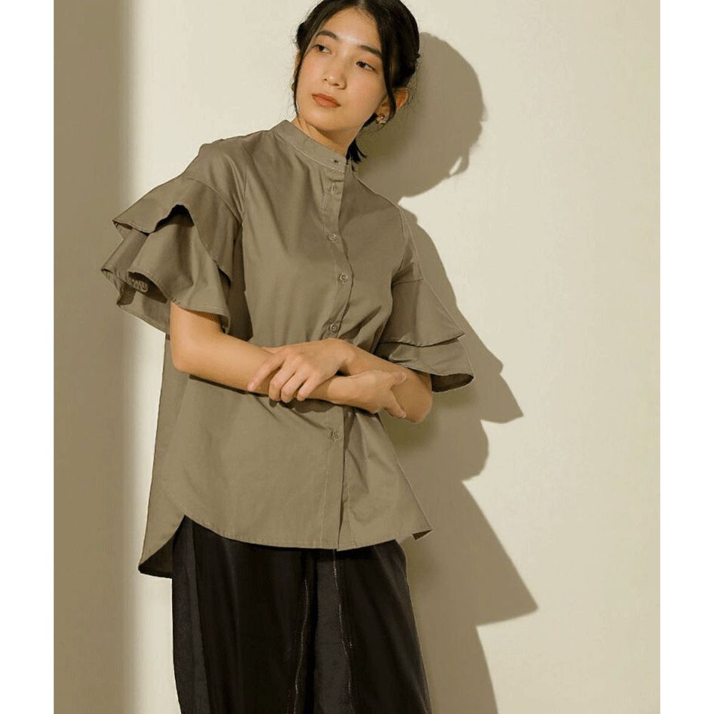 日本 Bou Jeloud - 雙層荷葉設計短袖襯衫-墨綠