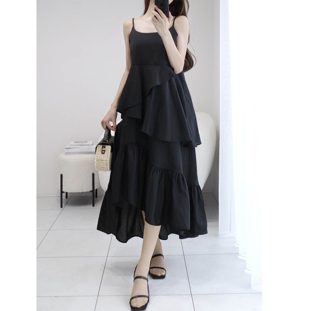 不對稱浪漫荷葉飄逸細肩帶洋裝-黑 (F)