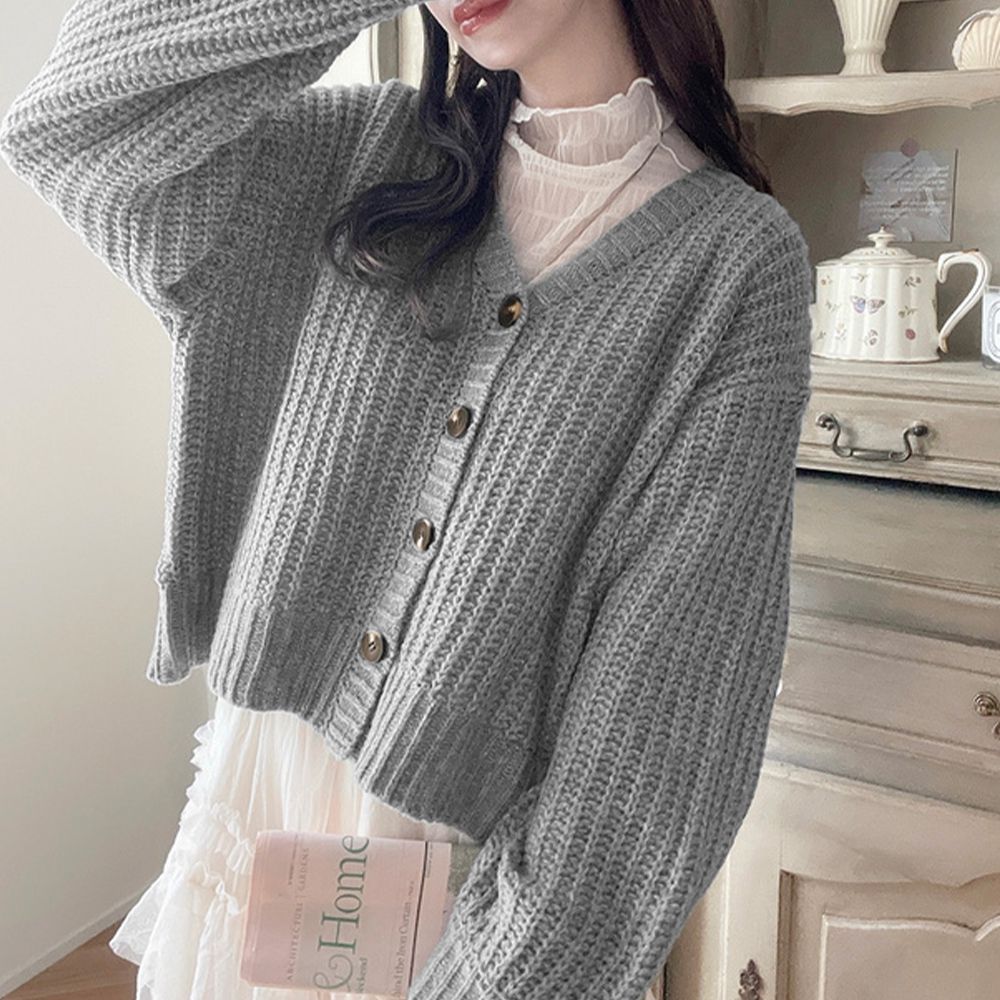 文青風粗針織V領開襟衫/外套-灰 (F)