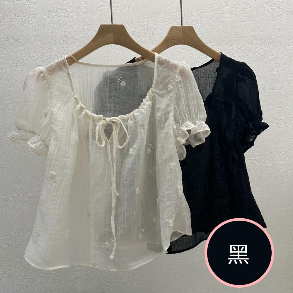韓國女裝連線 - 花朵刺繡點綴透膚襯衫-黑 (FREE)
