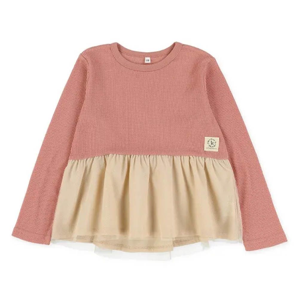 華夫格層次薄紗長袖上衣-粉紅