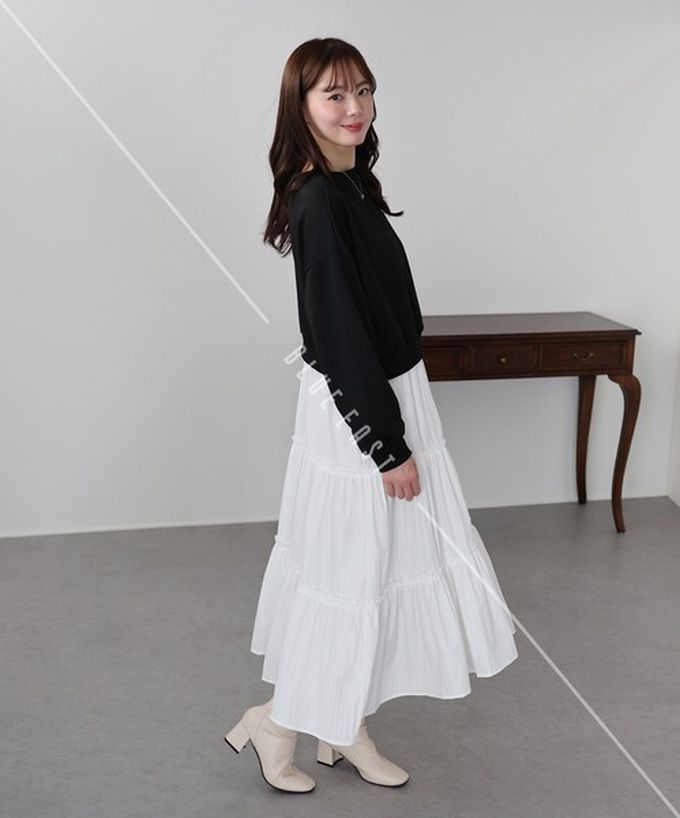 日本 BLUE EAST - 俏麗假二件分層澎盈長袖洋裝-黑 (M)