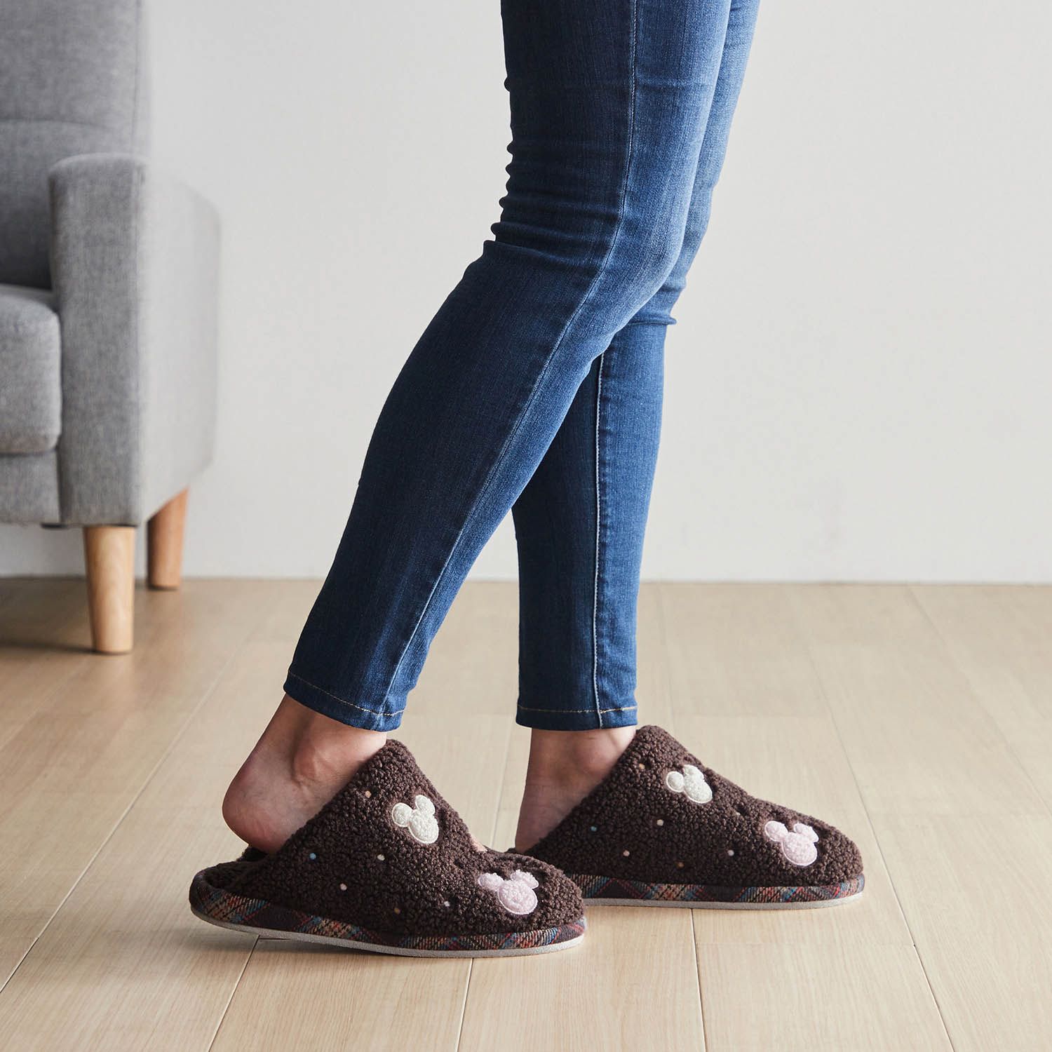 日本千趣會 - 迪士尼 刷毛保暖室內拖鞋-米妮捧臉-粉紅