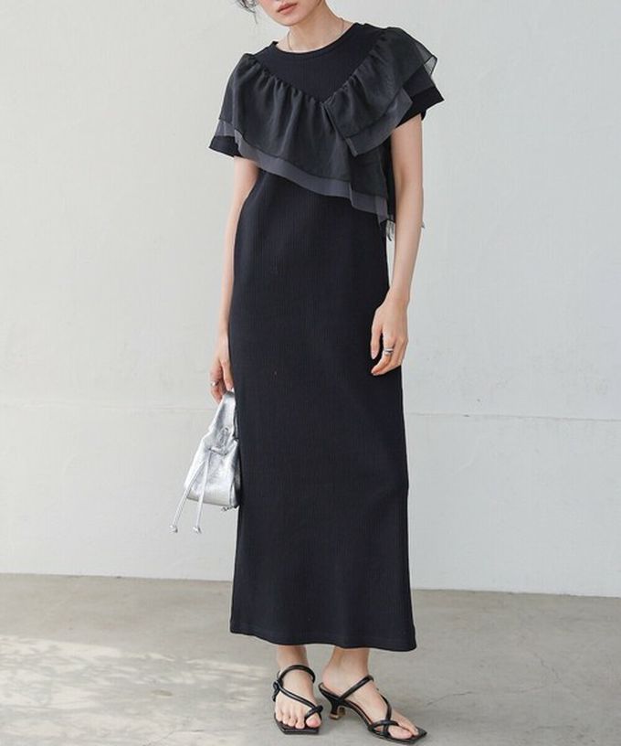 日本 Bab - 不對稱交叉薄紗拼接短袖洋裝-淺灰