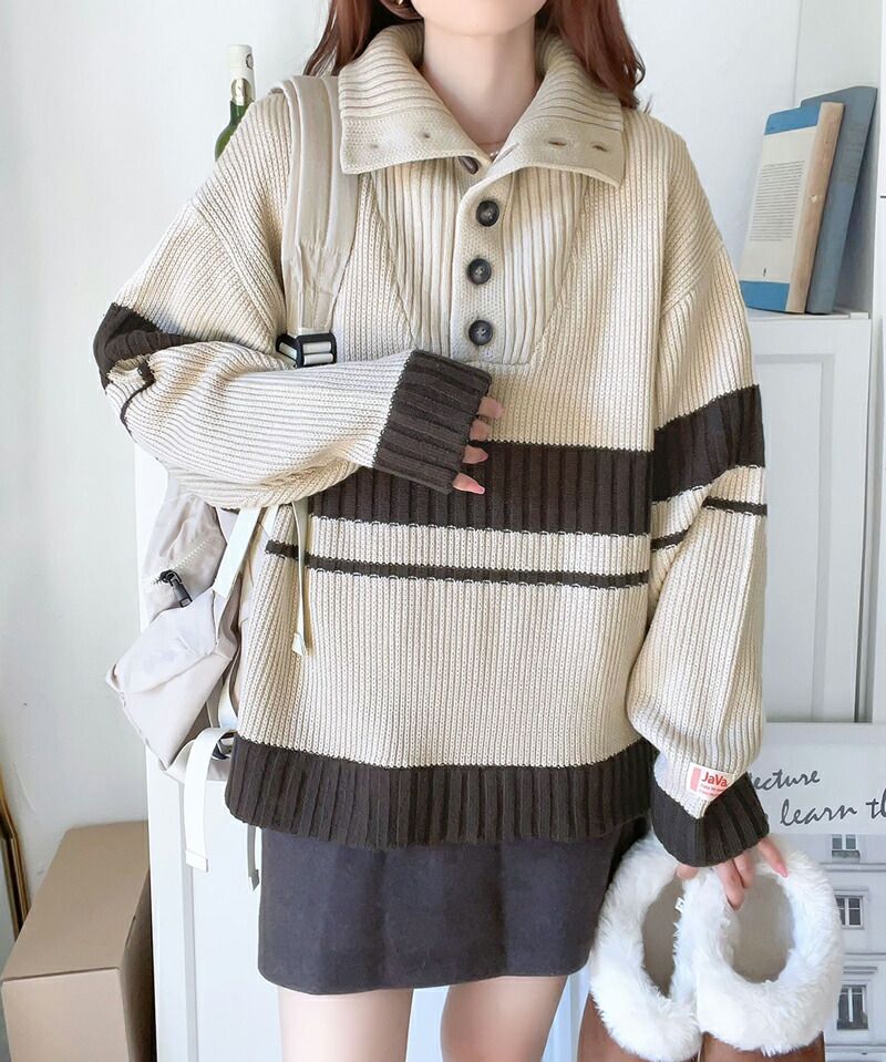 日本 Classical Elf - 排釦翻領撞色羅紋針織上衣-淺米x咖啡