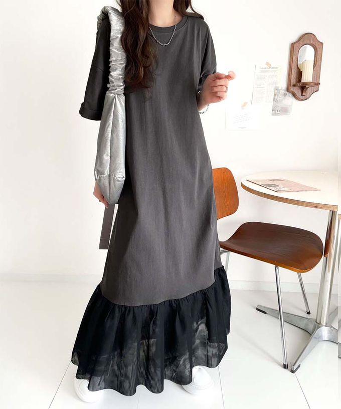 日本 Classical Elf - 飄逸下擺薄紗休閒短袖洋裝-黑