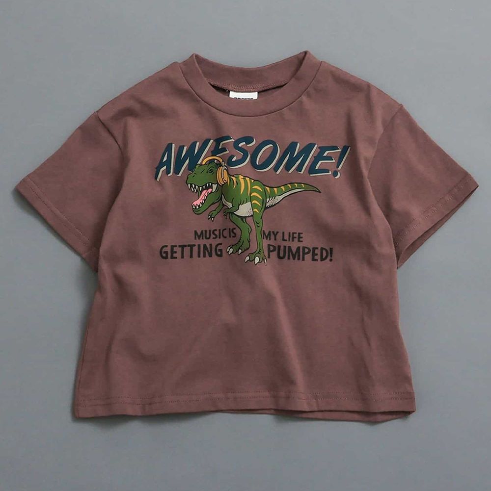 100%棉 美式印花短袖上衣-恐龍聽音樂-咖啡