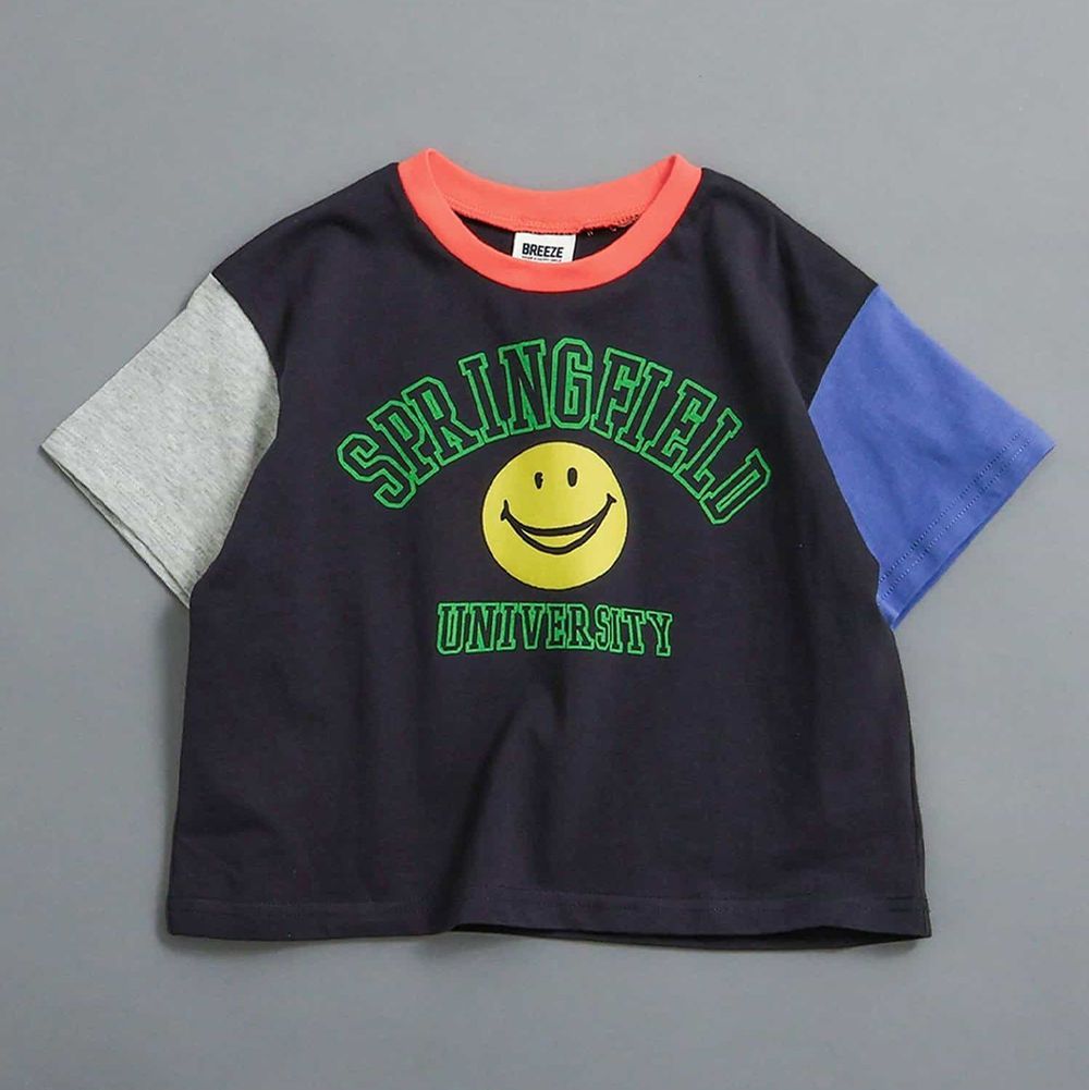 100%棉 美式印花短袖上衣-撞色笑臉-黑x灰x藍