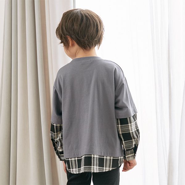 日本 b-ROOM - 假二件寬版大口袋長袖上衣-海軍藍x灰格紋