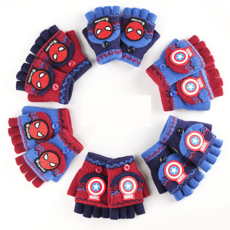 兒童翻蓋保暖半指手套-卡通人物蜘蛛人-紅色 (建議5-8歲)