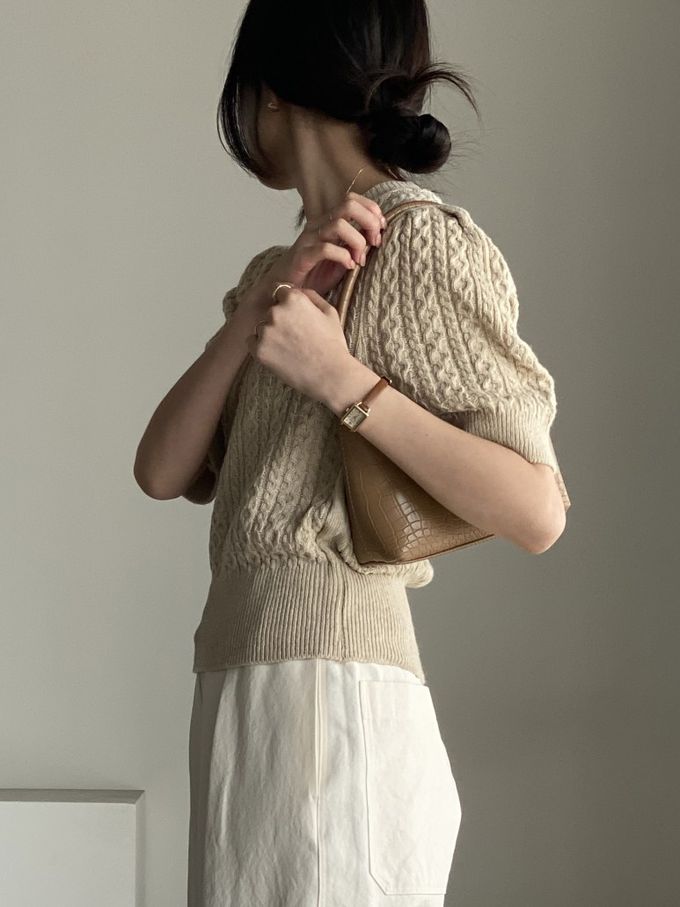 韓國女裝連線 - 麻花辮編織五分袖針織上衣-卡其 (FREE)