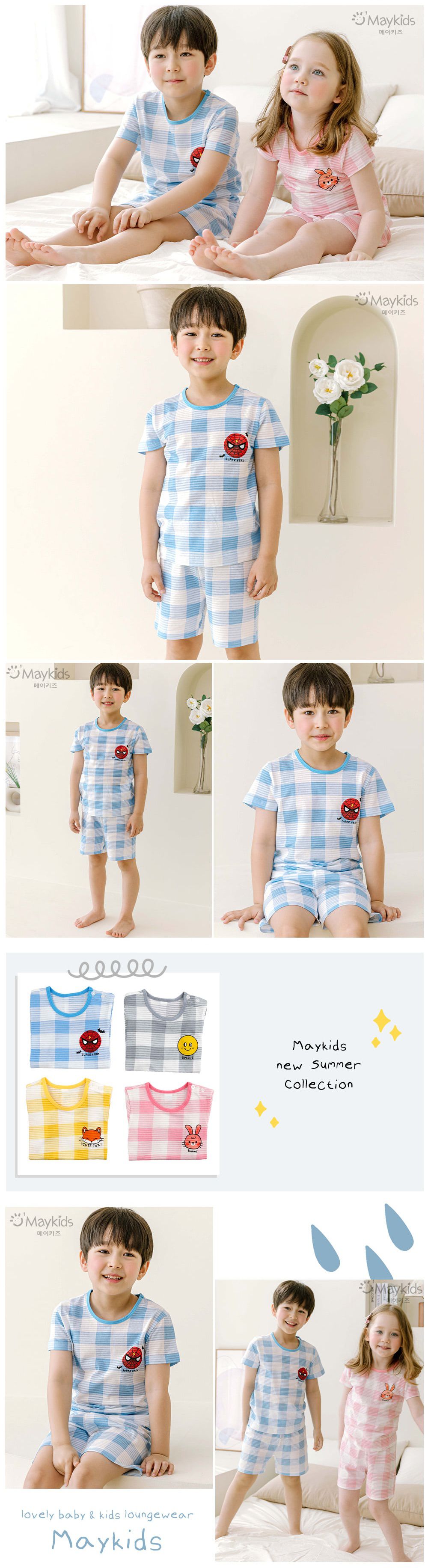 韓國 Maykids - 有機棉透氣輕薄短袖家居服-格子藍