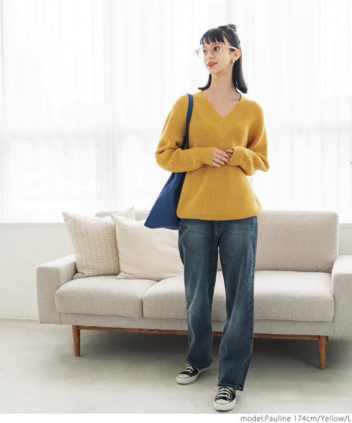 日本 COCA - 文藝V領羅紋針織毛衣-芥黃
