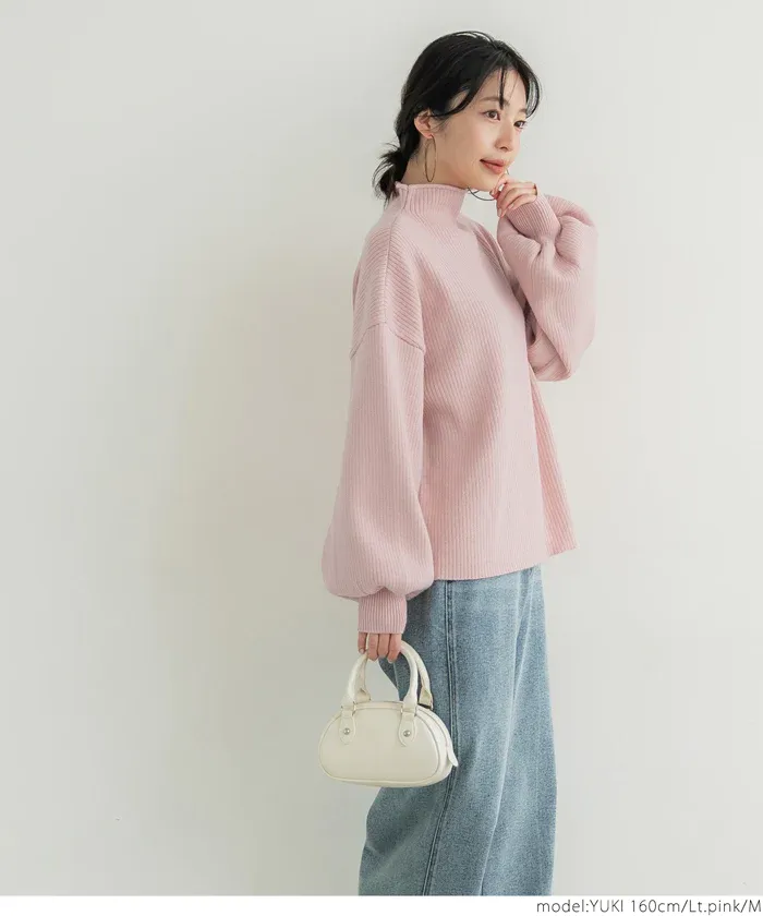 日本 COCA - 舒適修身立領羅紋毛衣-淺粉