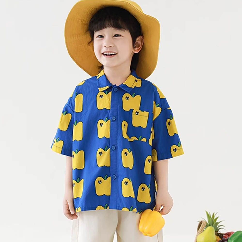 純棉翻領短袖襯衫-黃椒-藍色